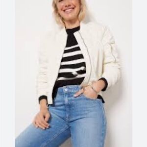 Evereve Flight Bomber Jacket Pearl Cream Full Zip Pockets Cropped Quilted Sz L